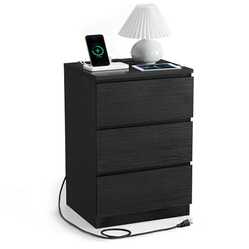 VASAGLE Nightstand with Charging Station, 2 AC Outlets and 2 USB Ports, Bedside Table, Side Table with 3 Drawers, Modern Style, 13.8 x 15.7 x 23.2 Inches, Ebony Black ULET631B58 1 PACK 13.8"