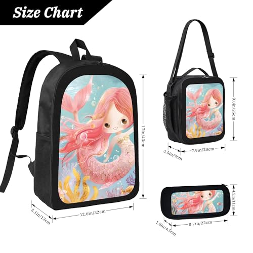 Cute Mermaid Pink 3 Pcs 17 Inches Backpack Set With Insulated Lunch Bag And Pencil Pouch Large Back Pack For Men Women Lunchbox Pencil Case Waterproof Backpacks Lunch Box 3 Piece Daypacks4