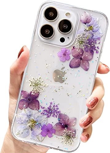 AMART for iPhone 13 Pro Max Case Flowers, Clear Cute Glitter Pressed Dried Flower Design Transparent Soft TPU Rubber Slim Protective Floral Women Girls Cover for iPhone 13 Pro Max (Gold Daisy)
