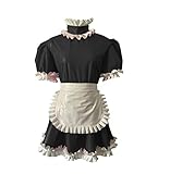 LIXIAAOOKWEDG Pufffärm Leder Hausfrau Minikleid mit Schürze, gefälschte Latex Haushälterin Kleid sissy Kostüm, schwarzes, 4XL