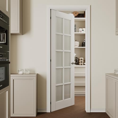 CRUTOP 28''x80'' 10-Panel Frosted Glass Interior Door Slab Shaker, Pre-Built Panel for Barn Doors, Pocket Doors, French Door, for Pantry, Bedroom, Closet, Laundry & Bathroom, White Prefinish&Paintable