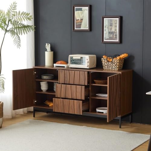 Merax Sideboard 150 cm Eiche Dunkel – Multifunktionale Kommode mit 3 Schubladen, Verstellbaren Regalen und Anti-Kipp-Funktion für Wohnzimmer, Küche, Eingangsbereich – Mid Century Modern Design