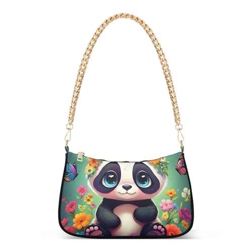 Zipper Casual Purse Hobo Cute Panda Bear Floral Designer Handbag Women Shoulder Handbag Aesthetic with Chain Strap