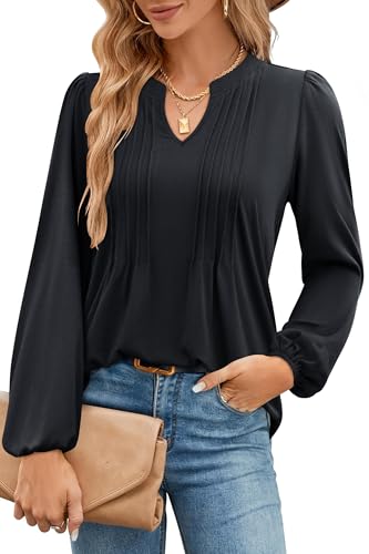IVIR Damen V-Ausschnitt Puff Langärmel T-Shirts Plisserte Casual Loose Tunica Blouse Schwarz XXL