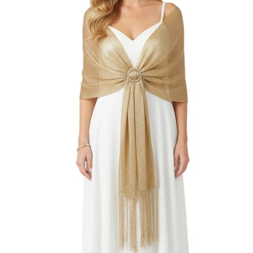 Qnvyw Glänzende Stola Gold mit Fransen für Hochzeit & Gala, Goldene Stola Damen - Eleganter Schal für Abendkleid - Goldenes Tuch als Accessoire zum Goldenen Kleid