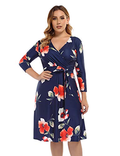AMZ PLUS Womens V-Neck 3 4 Sleeve A Line Midi Faux Wrap Plus Size Cocktail Party Swing Dress Printed A L