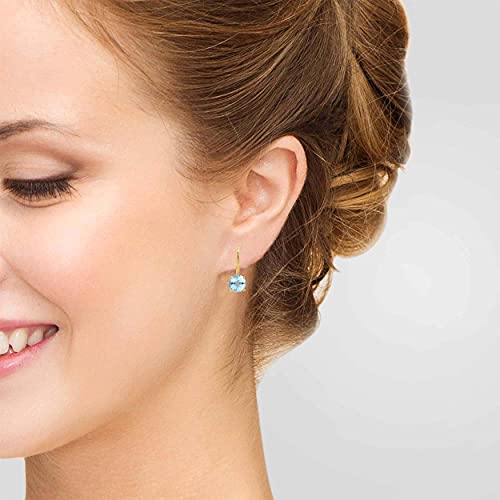 Aonejewelry Aquamarine Gemstone Leverback Earring For Women| 14K Yellow Gold 7Mm 1.90 Carat 2 Stone Round Cut Prong Setting Genuine Diamond Wedding Jewelry Collection #TOP3