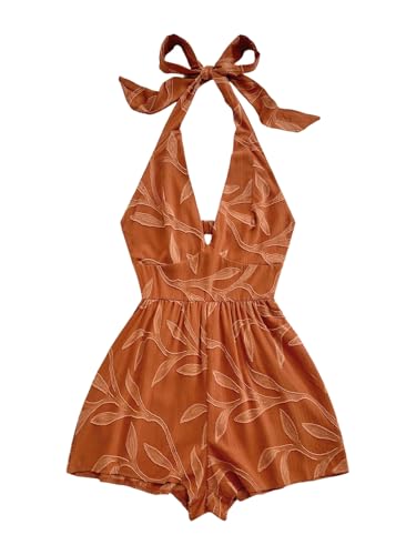 SOLY HUX Women's Summer Halter Rompers Deep V Neck Boho Short Jumpsuit