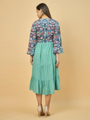 Image of Azira Women Rayon Solid Fit & Flared Dress with Printed Jacket | Perfect for Casual outings, Parties Rayon Fabric|