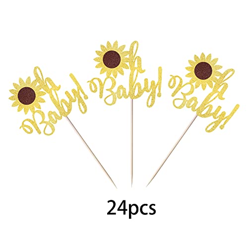 24 Pack Sunflower Oh Baby Cupcake Toppers Gold Glitter Baby Shower Cupcake Picks Sunflower Cupcake Toppers For Gender Reveal Theme Baby Shower Party Cake Decorations Supplies #TOP2