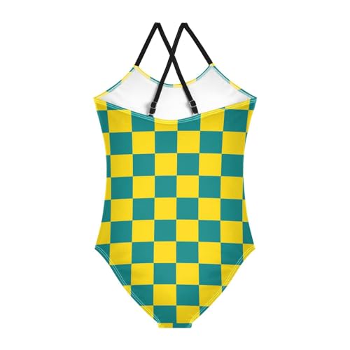 Image of Black and White Chess Girls One Piece Swimsuits Board Marble Tile Sport Halter Swimwear Beach Bathing Suit 3T