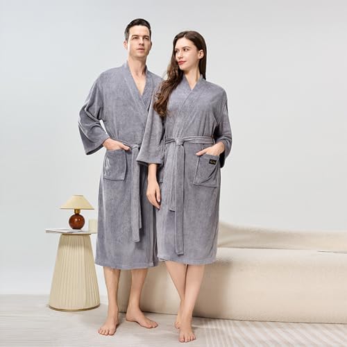 Men's Fleece Bathrobes Soft Lounge House Robes with Belt, Full Length Bath Robe Plain Housecoat with Pockets2
