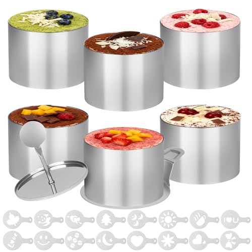 6 Pièces Cercle de Présentation en Acier Inoxydable, 7,5cm Diamètre, Poussoir et Socle, 16 Pochoirs, Emporte-pièces Ronds avec Poussoir, Cercle à Tarte Gâteau...