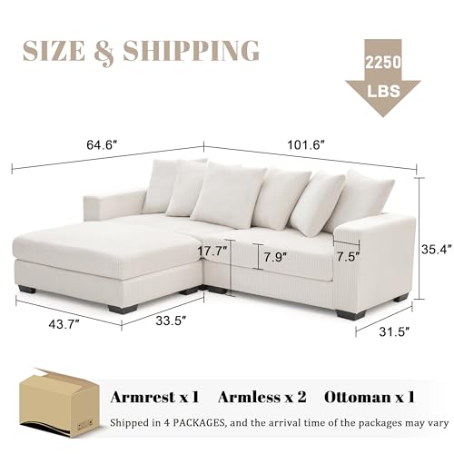 Mangodan 101.6\" Deep Seat Modular Sectional Sofa, Comfy Corduroy Sectional Couches for Living Room, L-Shaped Upholstered Cloud Couch with Chaise, Widened Armrests for 4 People, Beige - Thumbnail 2