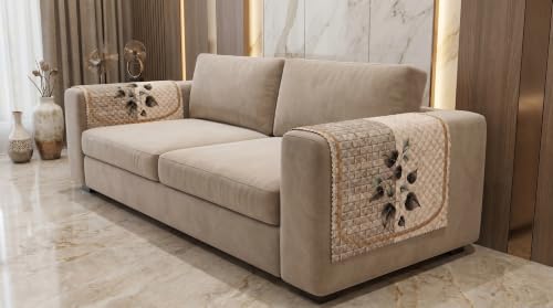 Image of KINGLY Quilted Velvet Sofa Cover Beige 2 Pc Arm Cover Anti Skid Pipe