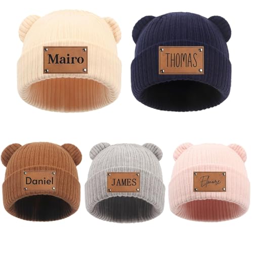Personalized Name Baby Beanie Hat, Name Knitted Beanie,Leather Patch Hat for Toddler Birthday Gift, New Mom Gifts Multi
