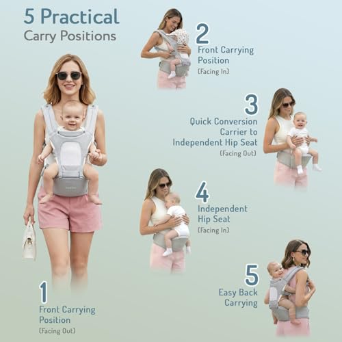 Image of Bonfino Admire 5-in-1 Hipseat Baby Carrier|Ergonomic Baby Carry Bag, Adjustable Strap & Breathable Fabric|Baby Carrier with Stylish Belt| Baby Holder for 5-18 Month Babies,15 Kg Capacity - Grey