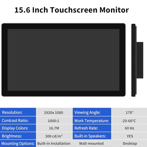 Image of Touch Screen Monitor 15.6 Inch 10-Points FHD 1920 * 1080 VESA Support Built-in Speakers HDMI,VGA& USB-C for Industrial Business POI /POS /Kiosk /Automation
