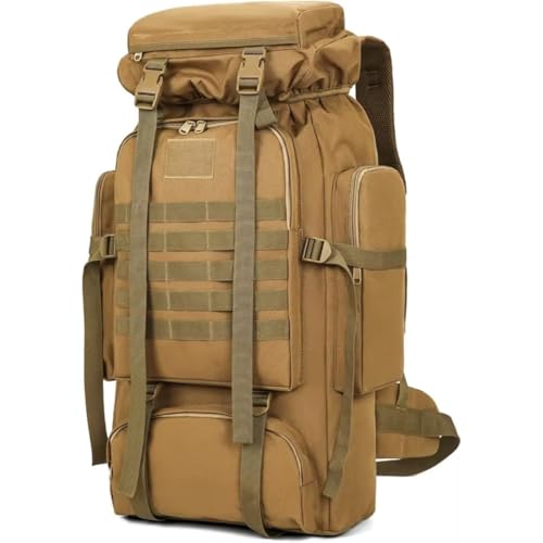 Mochila Militar Tática de Camping, 80L, Impermeável, para Trilha e Cargueira, com Alças Ajustáveis (Bege)