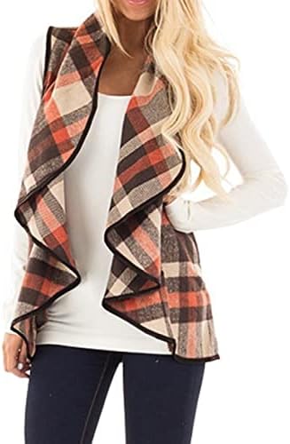 YACUN Women Vest Lapel Open Front Buffalo Plaid Sleeveless Cardigan Jacket Outerwear Vests with Pockets Coffee S