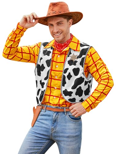 Arvilhill Full Set Mens Halloween Woody Costume Shirt Adult Cowboy Classic Party Cartoon Cosplay Funny Vest Neckerchief Scarf Star Badge Outfits XXL