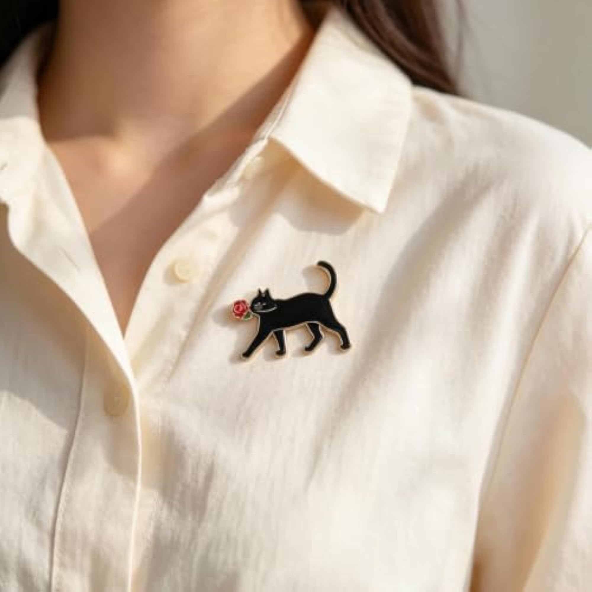 Black Cat Enamel Brooch Pin with Red Rose, Gothic Style