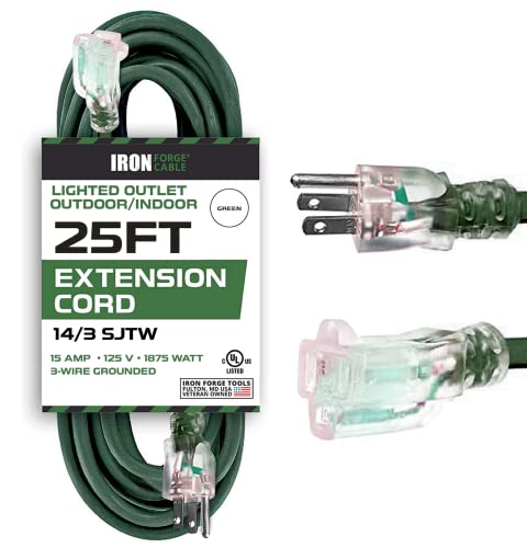 Iron Forge Cable Weatherproof 25 Ft Outdoor Extension Cord Green - 14/3 SJTW 15 Amp Heavy Duty Green Extension Cord Outdoor 3 Prong - Lighted End