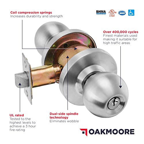 Oakmoore Claremont Commercial Keyed Entry Door Knob With Lock 1Pk - Heavy Duty Lock For Exterior And Interior Use - Ansi Grade 2 Ul Cul And Ada – Nickel Chrome Finish #TOP6