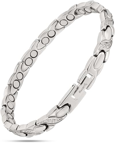 MagnetRX Ultra Strength Magnetic Bracelets for Women Double Magnet Stainless Steel Crystal Bracelet for Women Adjustable Bracelet Length with Sizing Tool (Silver)