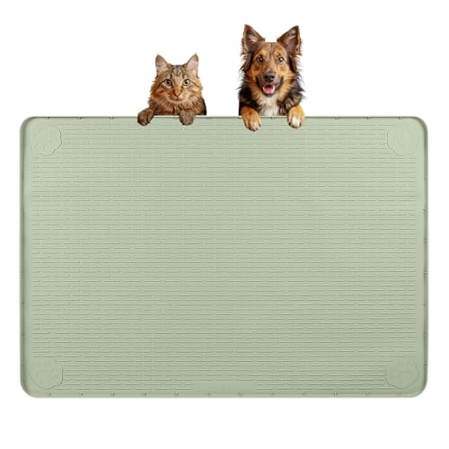 Dog Food Mat, Extra Large 34" x 22" Silicone Pet Feeding Mat with Raised Edge Pet Placemat for Small, Medium, and Large Pets Non-Slip, Easy to Clean (Light Green)