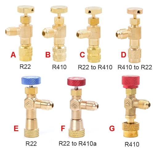 Adaptador de válvula de seguridad para refrigeración R410a y R22, tipo F, con conexión de manguera de carga macho/hembra de 1/4" y 5/16" miniatura 4