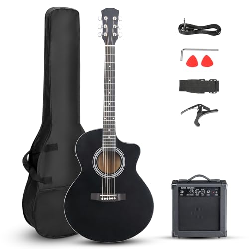 Ktaxon Full Size Acoustic Electric Guitar with 15W Amp, 41 Inch Wood Body Adults Guitars Beginner Kit W/Gig Bag, Strap, Picks & Capo, Black