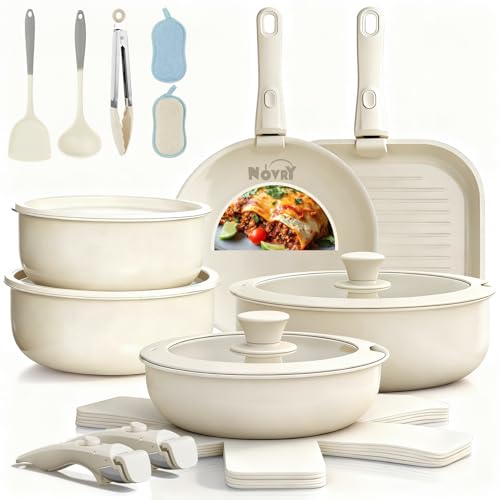 La mejor comparación de Sartenes de Cocina , tabla con los diez mejores. 47 NOVRY Juego de 22 Ollas y Sartenes Antiadherentes con Mango Desmontable,Bateria de Cocina Con Tapas y Cojín, Sartén para Freír Apto para Lavaplatos, Cocina de Inducción y Horno