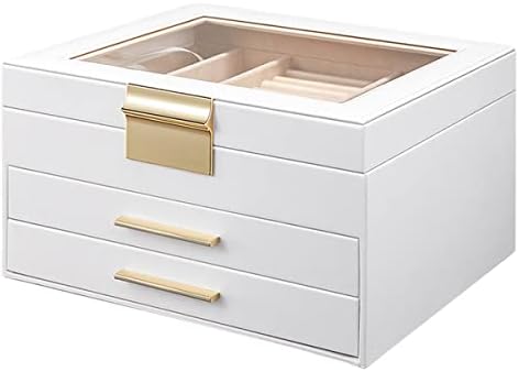 MILONT Jewelry Box for Women,3 Layers Jewelry Organizer with Clear Lid,2 Drawers,Large Velvet Jewelry Storage Box for Necklace,Earring,Ring,Bracelets,Git for Mother's Day,Birthday,Anniversary (White)