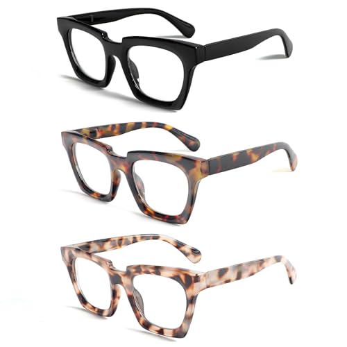 KoKoBin 3 confezioni di occhiali da lettura stile Oprah per donne e uomini anti luce blu occhiali quadrati di moda (3 Pack, 1.5, x)