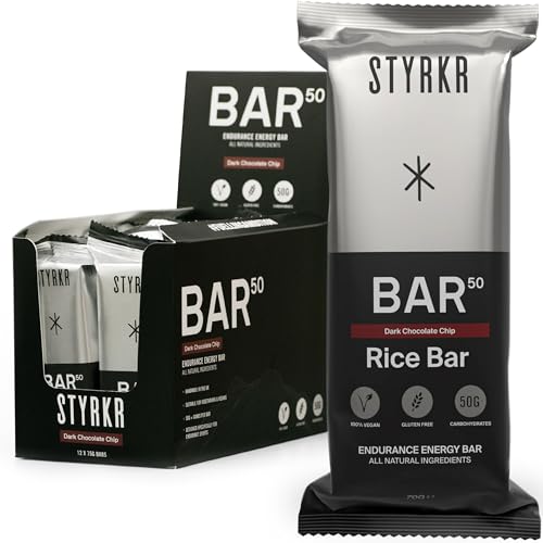 Energy Bars by Styrkr - Pack of 12 Rice Bars for Cycling & Running - Dark Chocolate Chip Flavour - Approved by Endurance Athletes - 50g of Carbs via Advanced Dual-Carb Formulation - BAR50-12x Pack