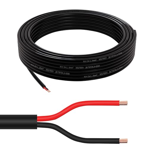 AOHEWEI 2×1.0mm² Round Twin 2 Core Cable 2 Conductor Copper Electrical Wire 5V 12V 24V 60V, Thin Wall Red/Black Automotive Boat Cable 5/10/20/50 Meters