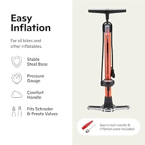 Schwinn Air Center Plus Floor Pump, For Mountain, Cruiser and Electric Bikes, 120 PSI, Soft Grip Handle, with Sports Ball Needle and Dual Head for Schrader and Presta Valves, Manual Air Pump — photo 2 of 6