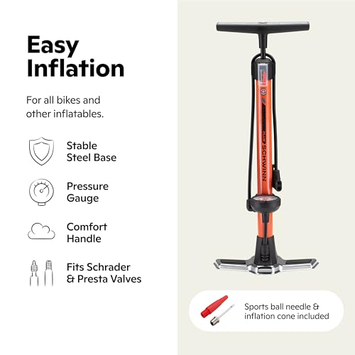 Schwinn Air Center Plus Floor Pump, For Mountain, Cruiser and Electric Bikes, 120 PSI, Soft Grip Handle, with Sports Ball Needle and Dual Head for Schrader and Presta Valves, Manual Air Pump by Schwinn - Image 2