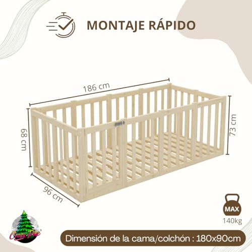 Miniatura 2 de Crazy Pine Cama Montessori 180x90 Cm - Cama Infantil Con Protección Contra Caídas 73cm Y Barrera Abrible - Camas Infantiles Superficie Lisa Niños Y Niñas - Madera Natural