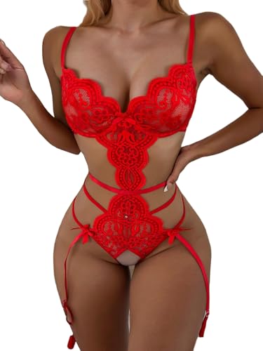 KJSUHFN Women's Deep V Teddy Lingerie Lace Cut Out Babydoll Bodysuit (Red, Medium)