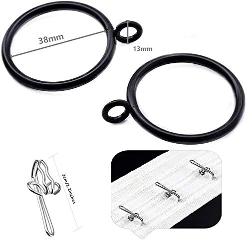 Curtain Ring 24 pcs, Inner Diameter 38 mm Fixed Eye Black Metal Curtain Rod Ring and 30 Metal Curtain Hooks, Suitable for Most Curtains, Shower Curtains. Easy to Install (Black )