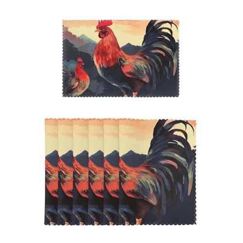 Rooster Beautiful Art �v���[�X�}�b�g 6���Z�b�g �􂦂�v���[�X�}�b�g �_�C�j���O�e�[�u���p 12x18�C���` �v���[�X�}�b�g �ϔM�����`�����}�b�g ����~�� �e�[�u���}�b�g �L�b�`�� ������ �p�[�e�B�[���� ����/���O�p