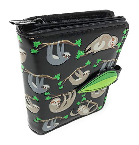 Shag Wear Sloth Wallet for Women and Teen Girls Vegan Faux Leather 4.5" Black Small