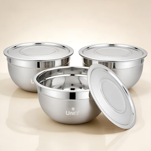 3 Pieces Stainless Steel Serving Bowl Set with Lid | Mixing Big Bowls | Matt Finish, Kitchen Prep, Salad, Fruit, Desert & Storage Containers | Bowl Set for Kitchen & Dining Use (Solara Design) — photo 2