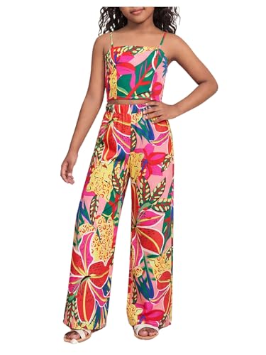 Image of Floerns Girl's 2 Piece Outfit Hawaiian Tropical Crop Cami Tops and Boho Pants Set