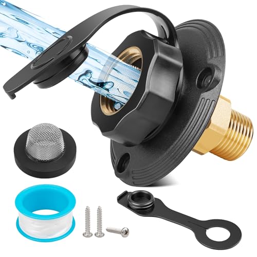 Oyviny RV City Water Inlet with Check Valve, Lead-free Brass RV Fresh Water Inlet 3/4 NH Female to 1/2 NPT Male Connection, Water Fill Inlet Flange Replacement for Camper Trailer Motorhome Marine