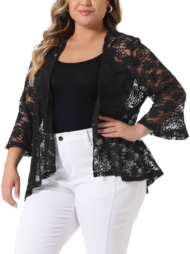 Agnes Orinda Plus Size Lace Cardigans for Women Open Front 3/4 Bell Sleeve Sheer Lace Crochet Formal Bolero Shrugs2