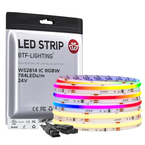BTF-LIGHTING FCOB COB LED Strip Light WS2814 Smart IC RGBW 3000K Color Chasing Light UL Listed DC24V 16.4FT 784LEDs/m High Density 10mm Width for Home Party DIY Decor(No Adapter or Controller)