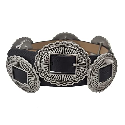 Skinny Western Buckle with conchos in Non-Animal Leatherette Belt (M/L, Black(Packed Conchos))